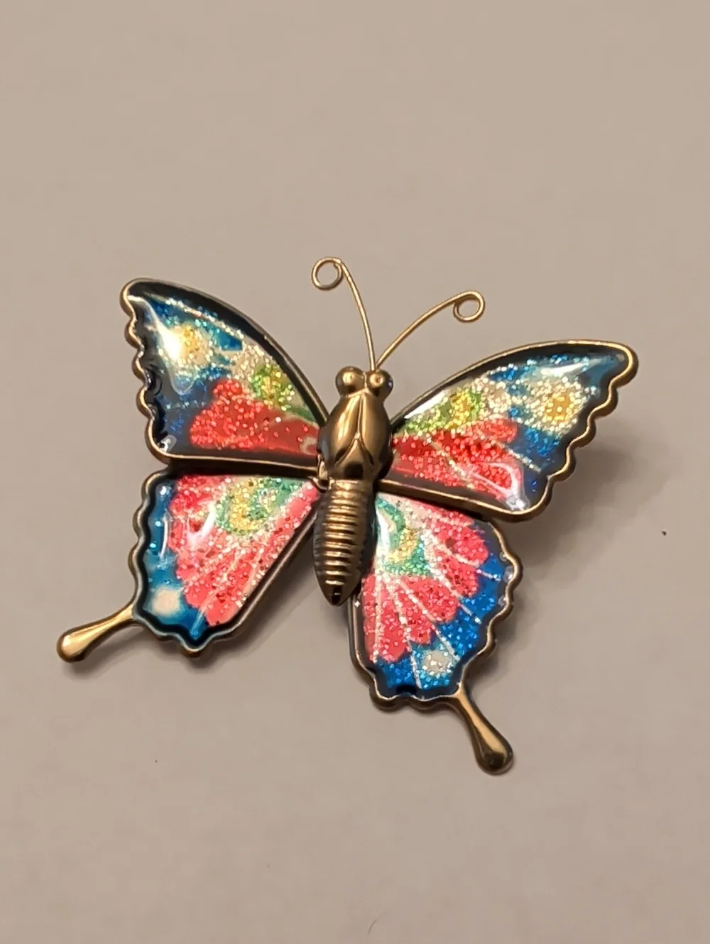 Vintage Multicolor Enamel Butterfly Brooch with Gold Accents